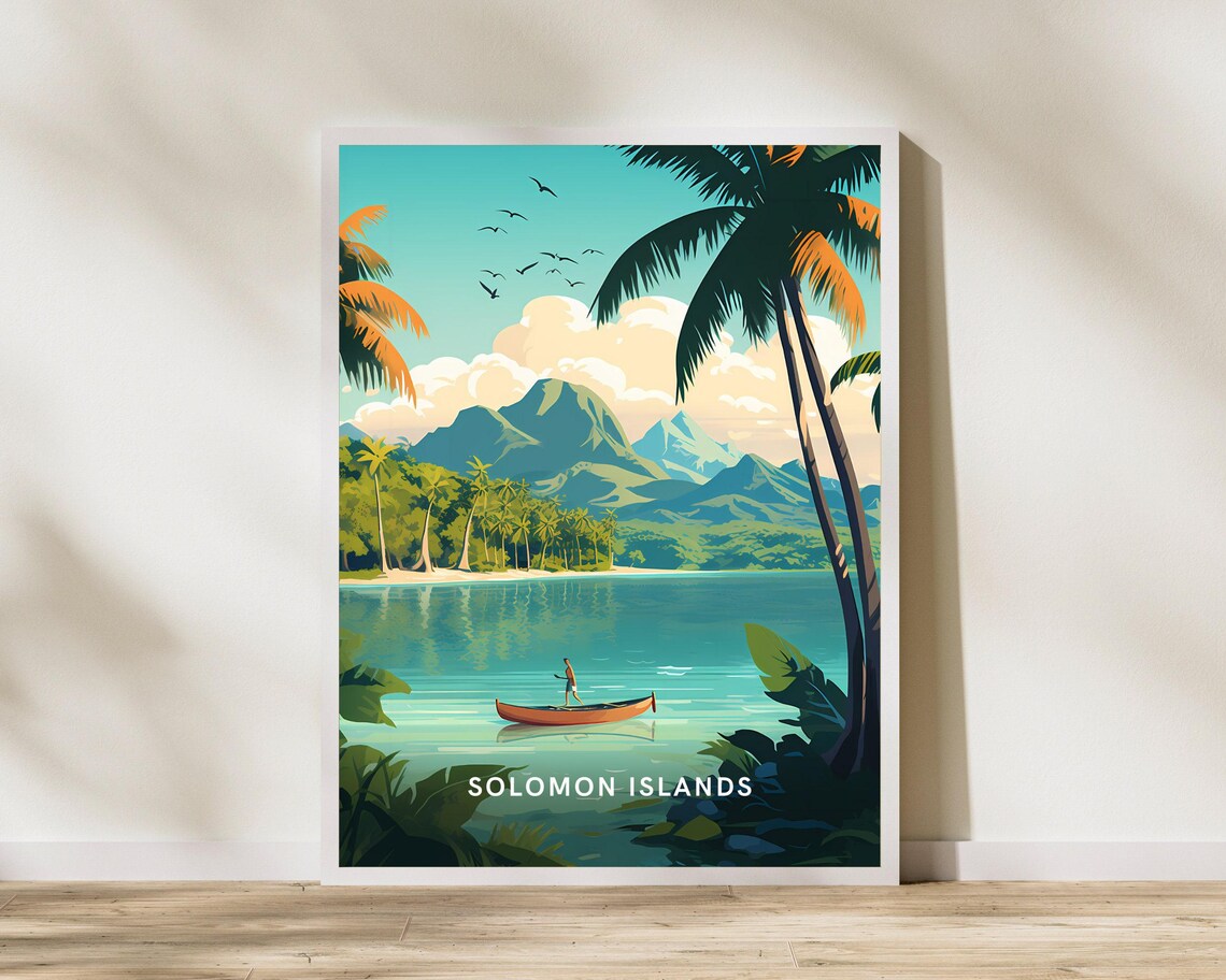 Solomon Islands Palm Tropical Lagoon Canoe Vintage Travel Poster