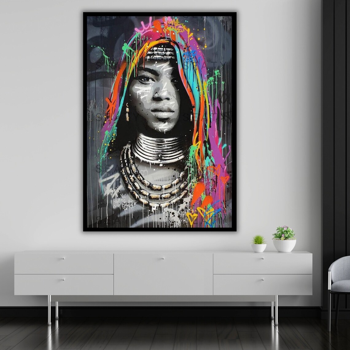 Graffiti Tribal Woman Portrait With Neck Rings Colorful Street Art Poster - Image 5