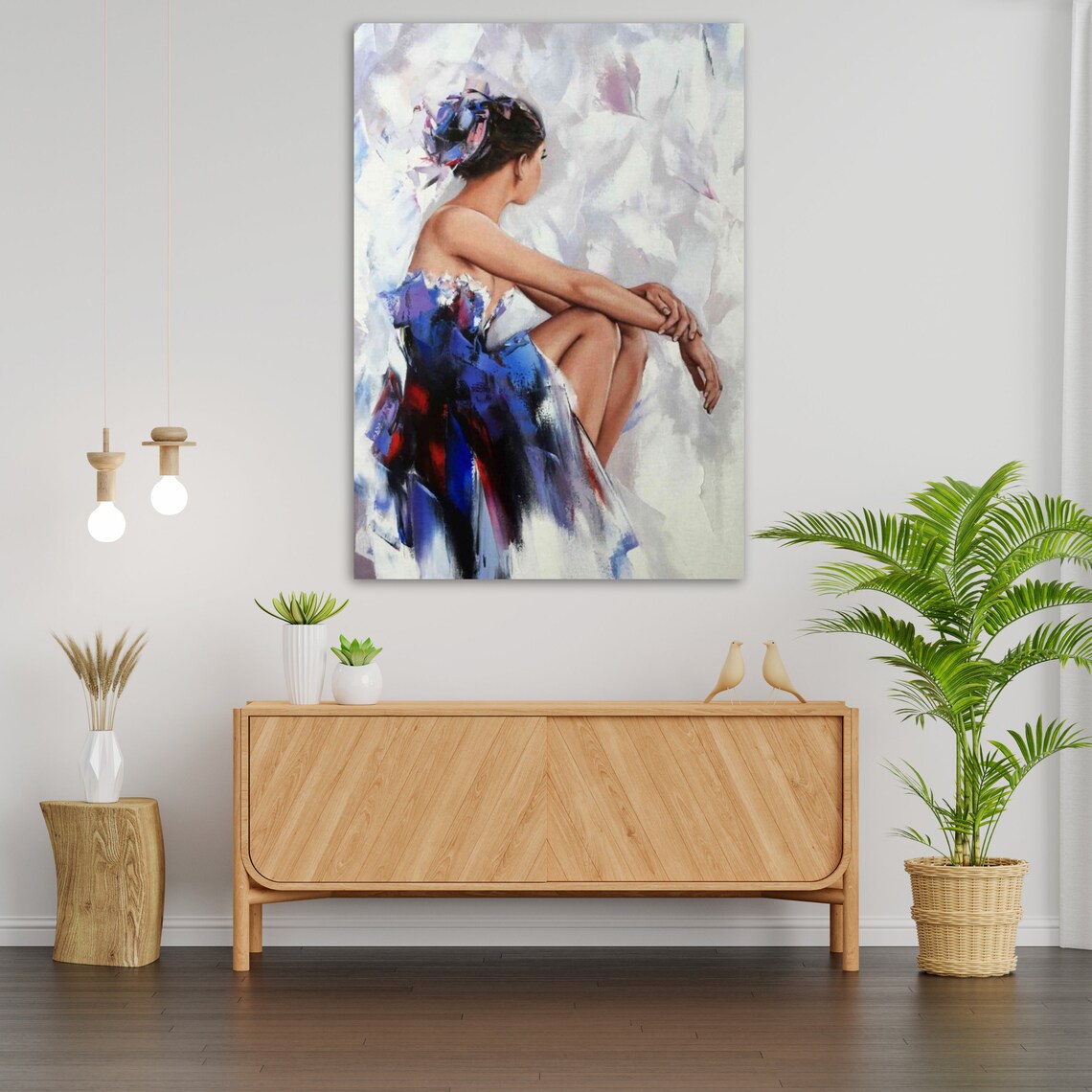Seated Woman Flowing Blue Dress Soft White Background Elegant Painting Art Print - Image 3