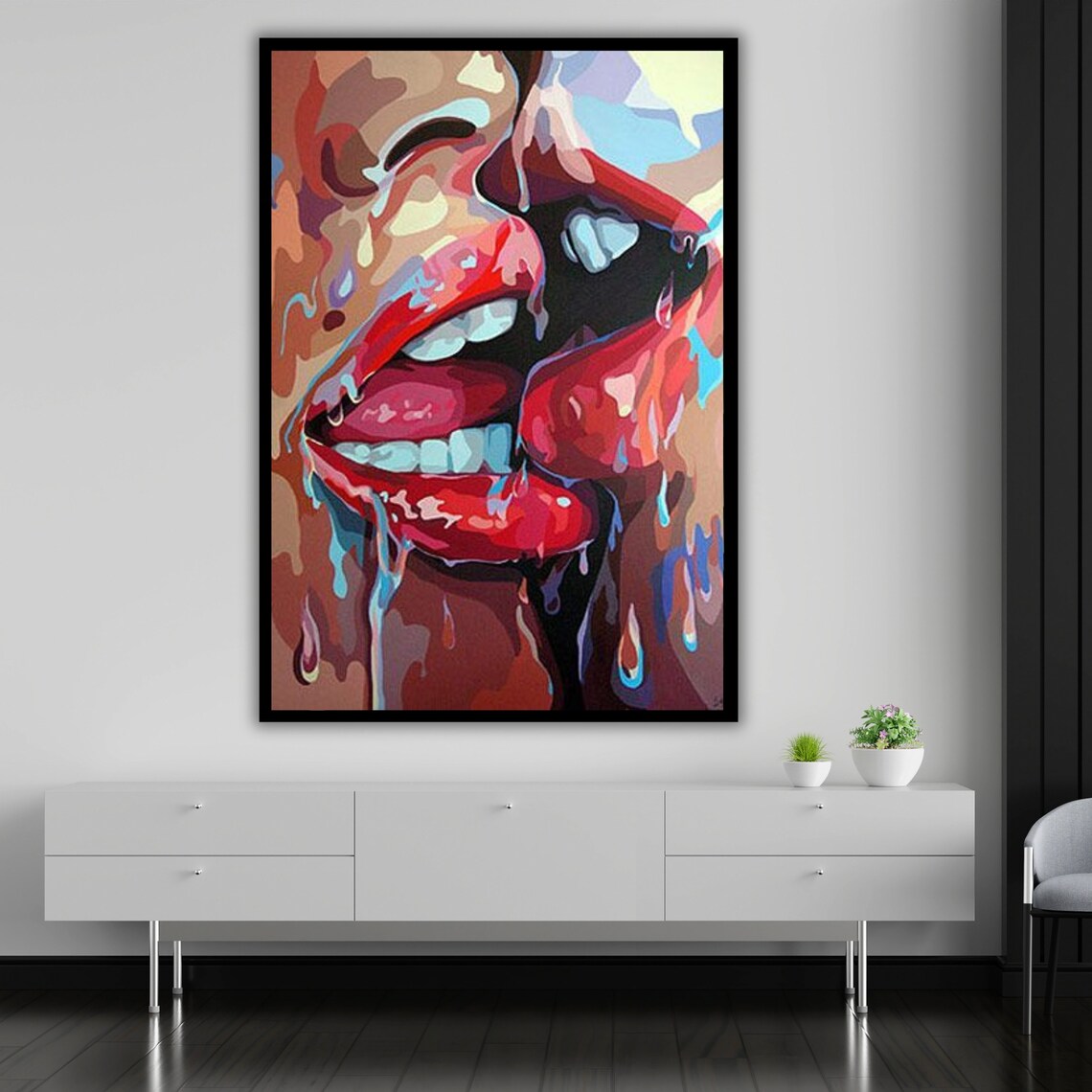 Glossy Red Lips Pop Art Painting Bold Dripping Lipstick Beauty Wall Art - Image 5