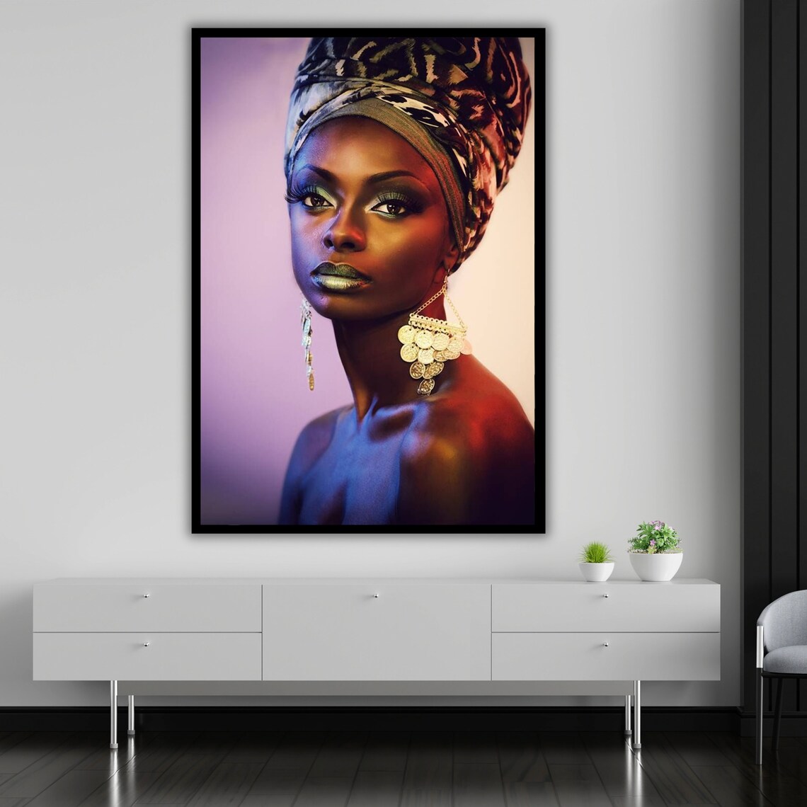 African Woman Portrait Colorful Headwrap Gold Earrings Dramatic Art Print Poster - Image 5
