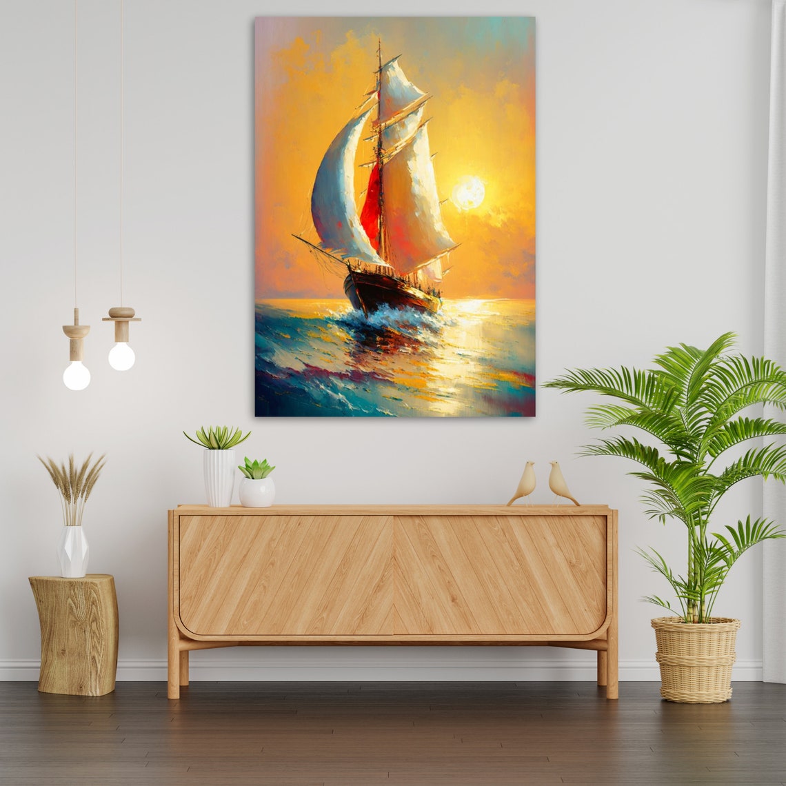 Classic Sailboat Golden Sunset Ocean Waves Impressionist Art Print - Image 3