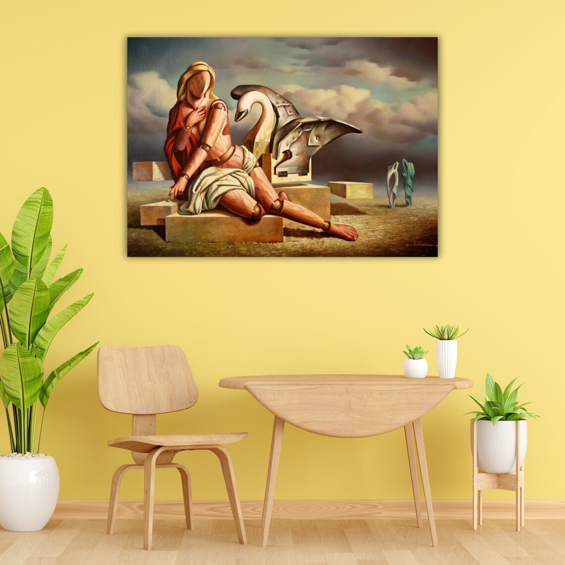 Surreal Figure With Swan In Desert Landscape Dreamlike Oil Painting Wall Art - Image 3