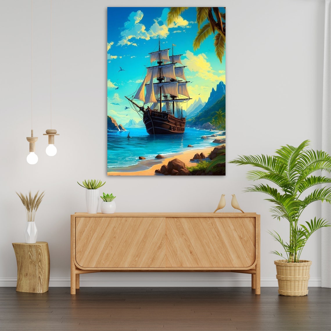 Tall Pirate Ship Anchored Tropical Beach Lagoon Adventure Art Print - Image 2