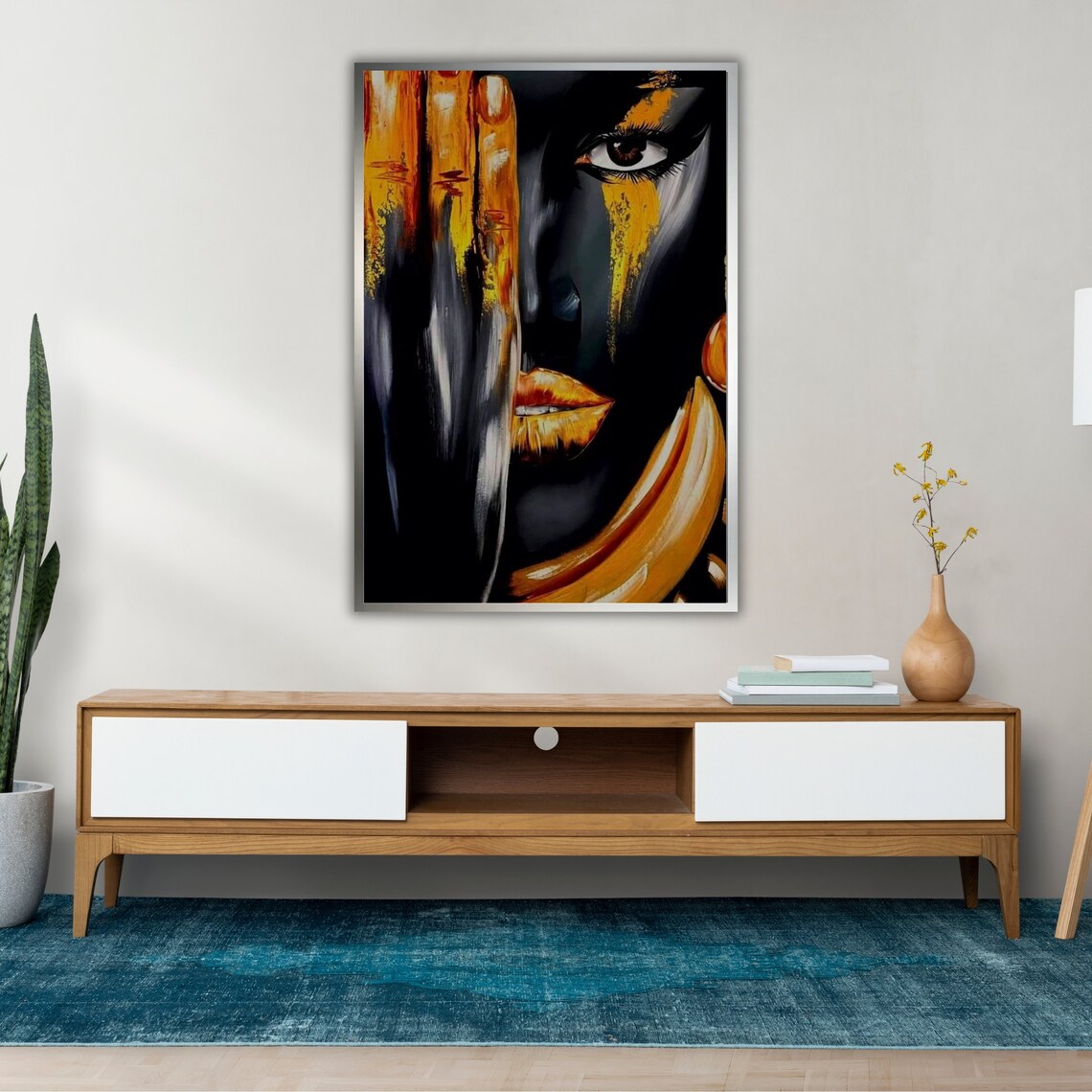 Dramatic Black Gold Woman Face Portrait With Golden Painted Accents Print - Image 2
