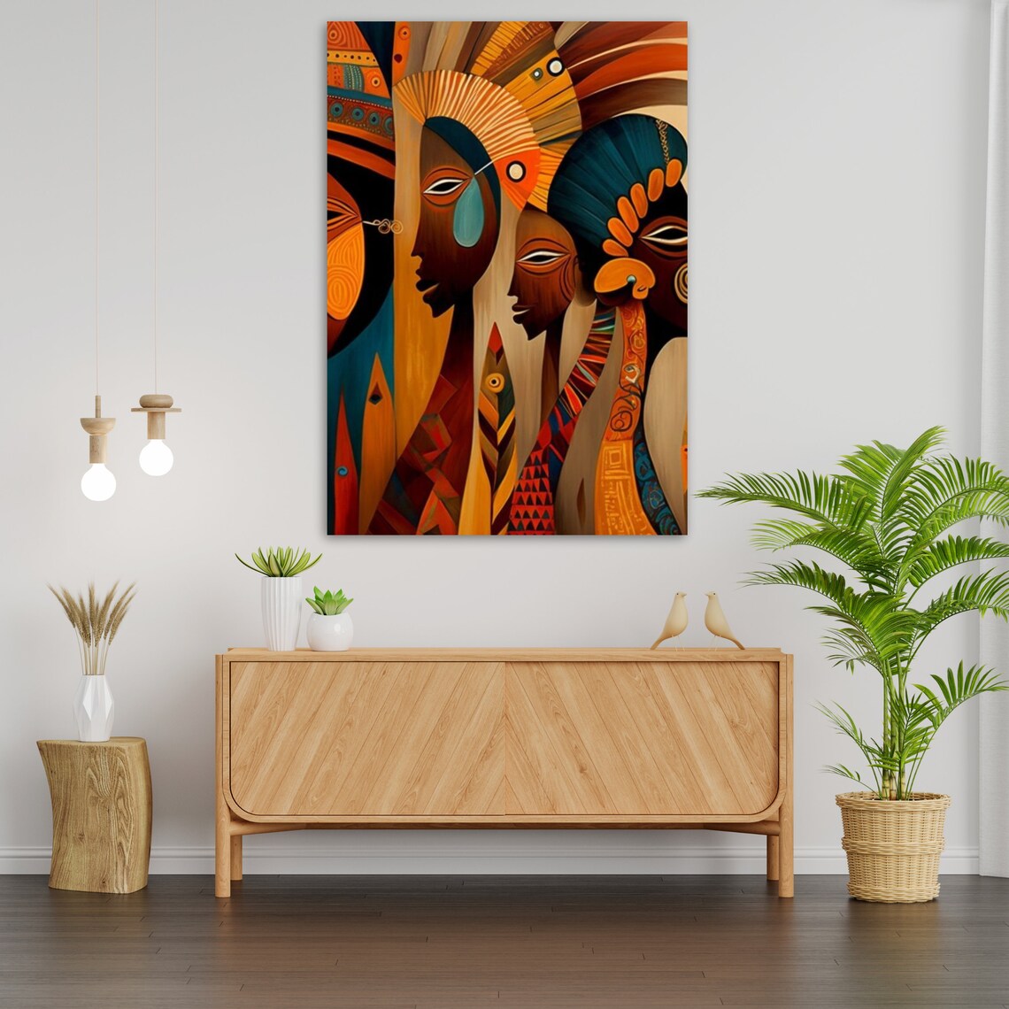 African Tribal Faces Headdresses Orange Teal Geometric Art Print - Image 3
