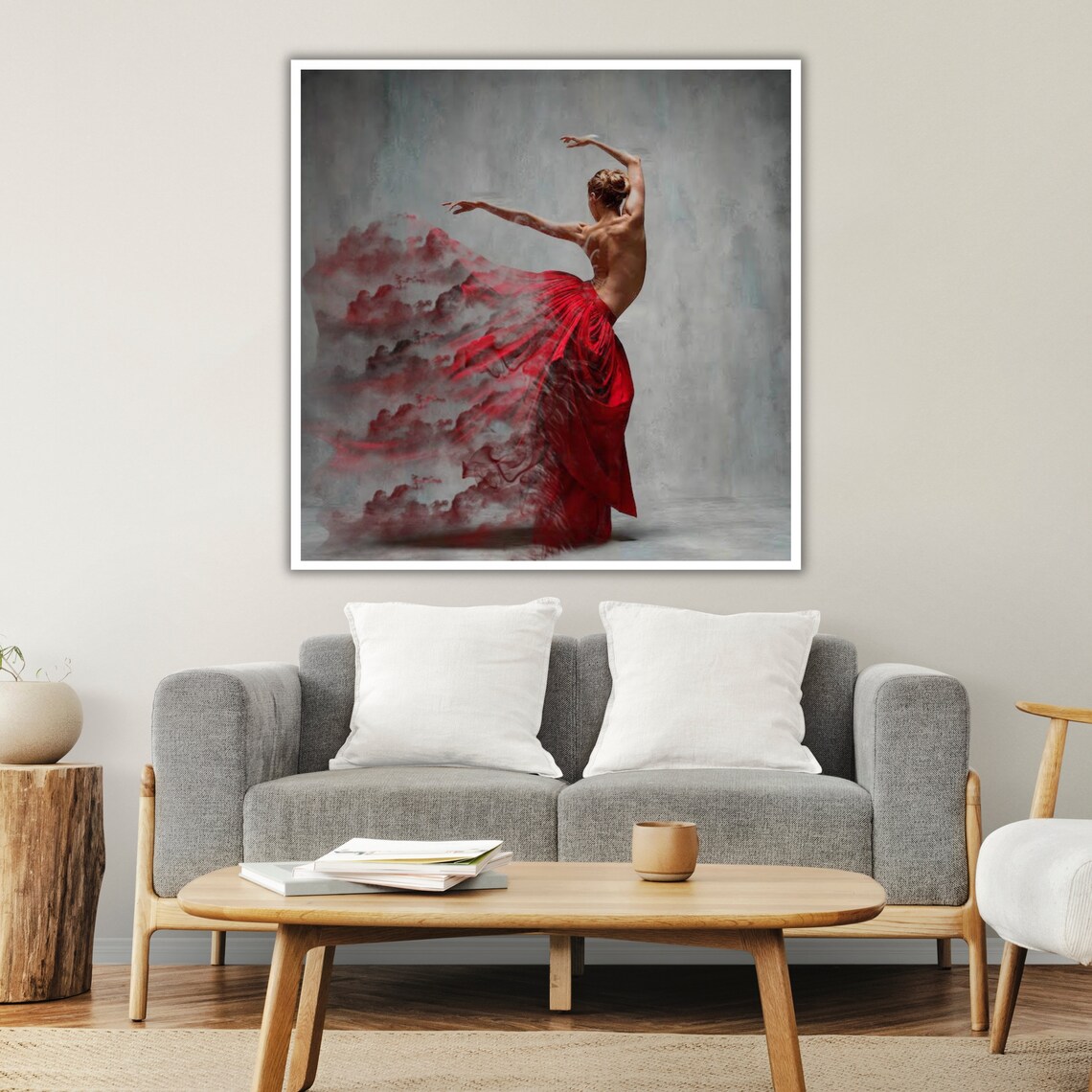 Red Skirt Ballerina Dancer Smoke Effect Elegant Grey Background Art Print - Image 3