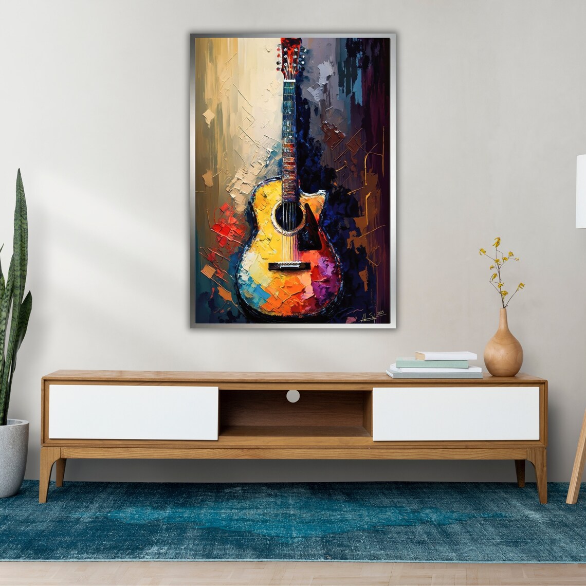 Colorful Acoustic Guitar Impasto Oil Painting Vibrant Music Room Wall Art - Image 2