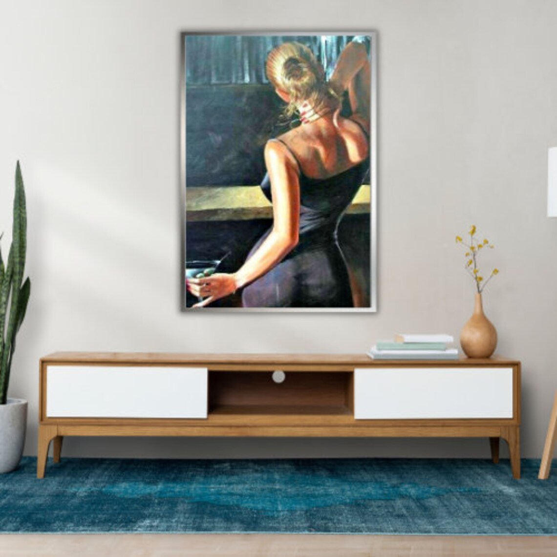 Glamorous Woman In Black Dress At A Cocktail Bar Noir Art Painting Print - Image 4