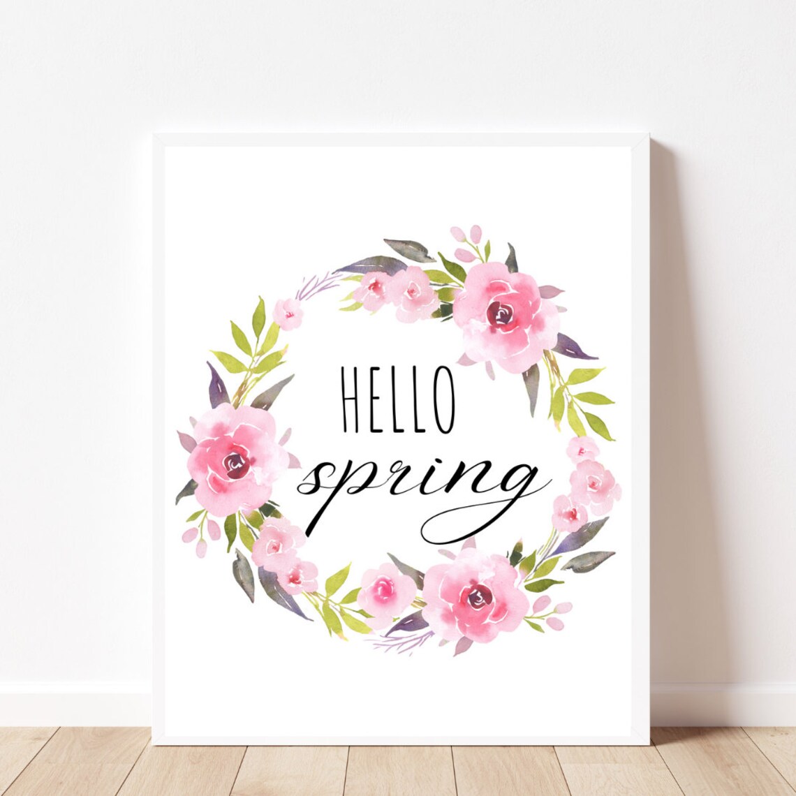 Hello Spring Pink Floral Wreath Watercolor Farmhouse Decor Poster - Image 2