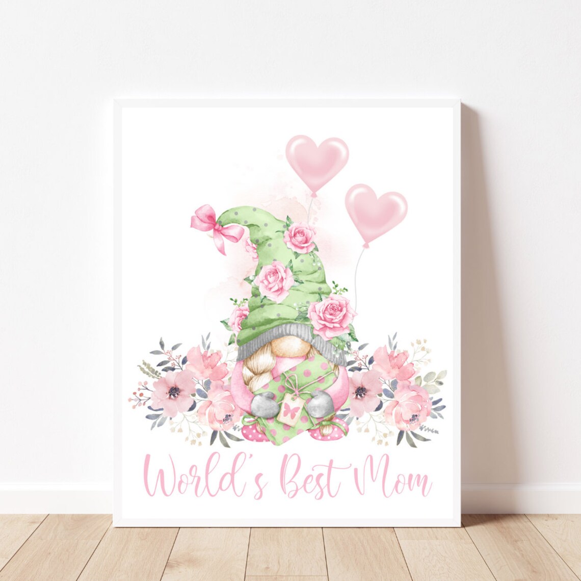 Worlds Best Mum Pink Gnome Floral Mothers Day Gift Art Poster - Image 2