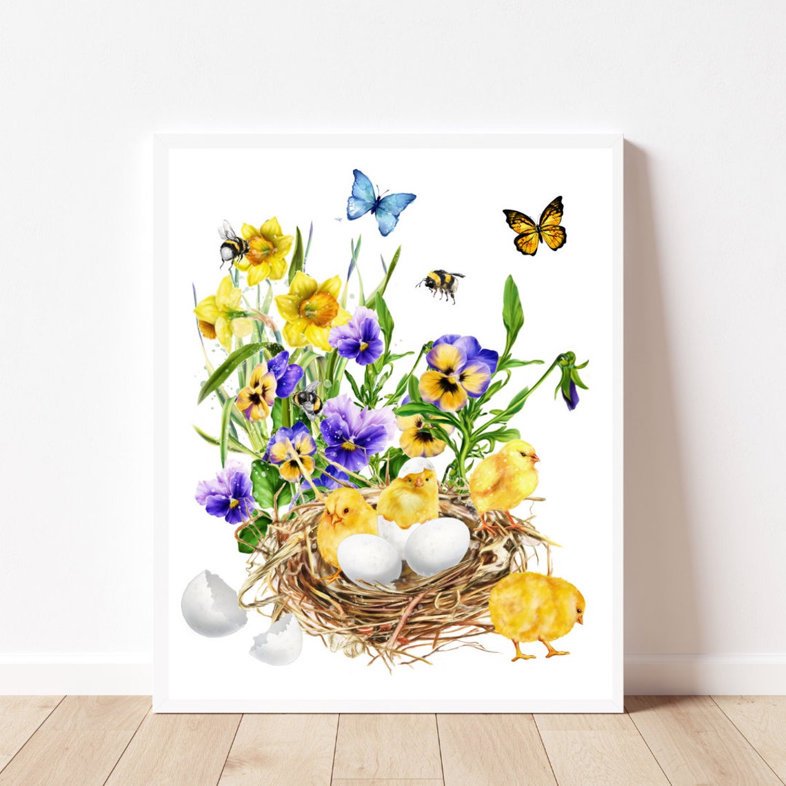 Watercolor Spring Chicks Nest Eggs Daffodil Easter Scene Poster - Image 2