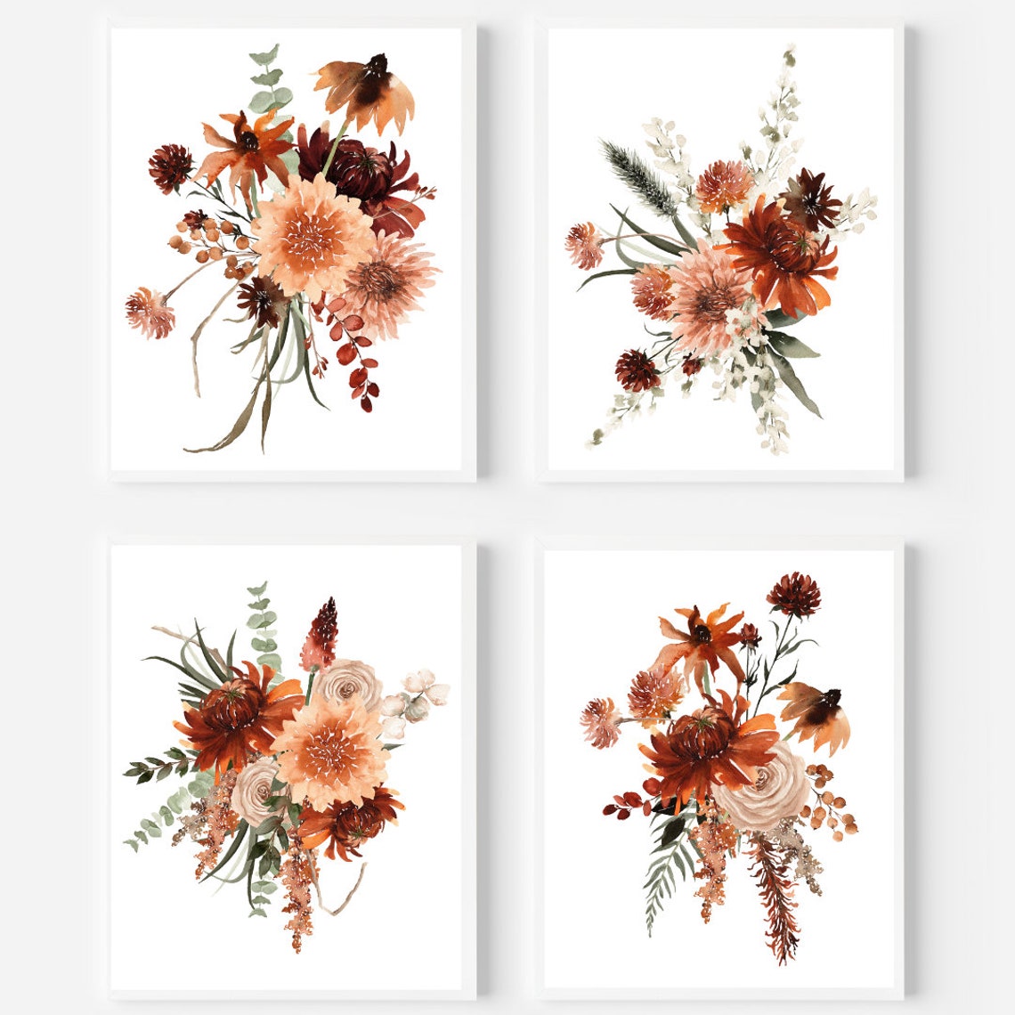 Fall Wildflower Bouquet Burnt Orange Rustic Watercolor Set Poster - Image 2