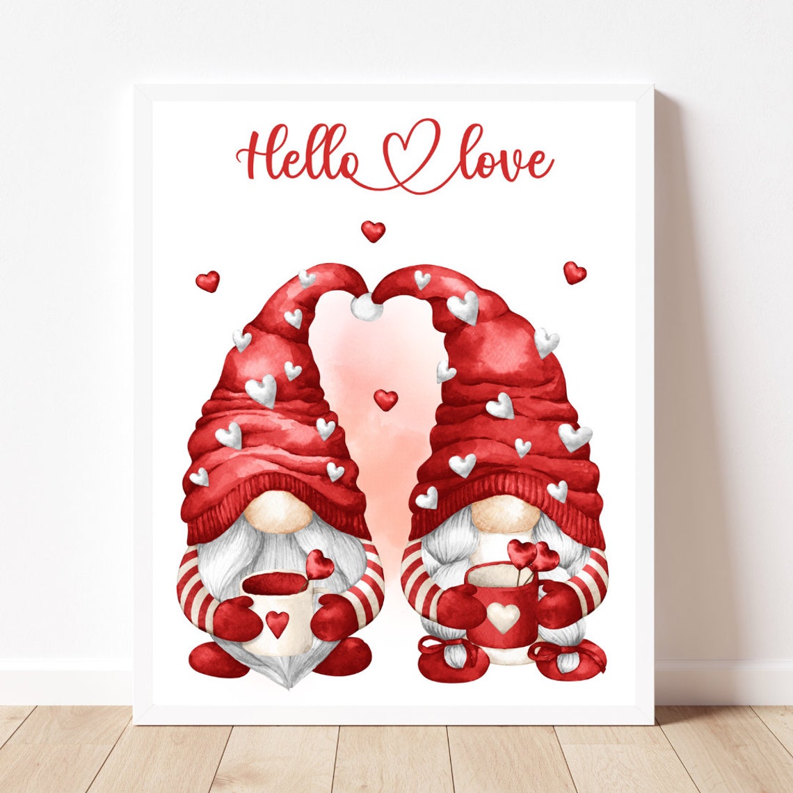 Hello Love Red Gnomes With Warm Cocoa Mugs Valentines Poster - Image 2