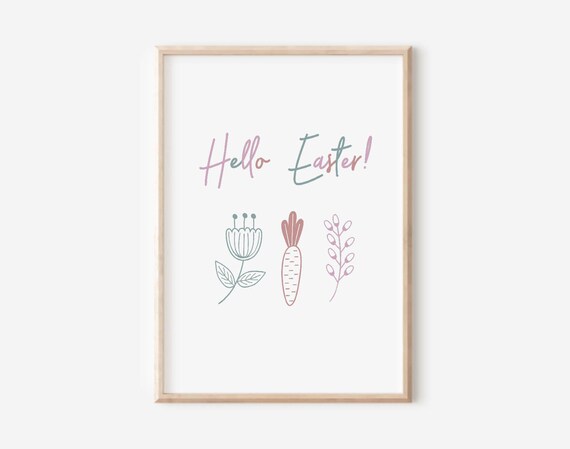 Hello Easter Watercolor Tulip Carrot Spring Floral Art Poster