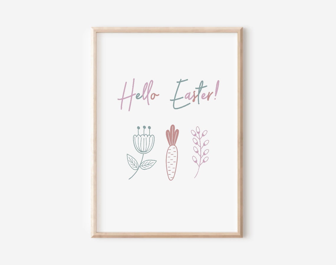 Hello Easter Watercolor Tulip Carrot Spring Floral Art Poster