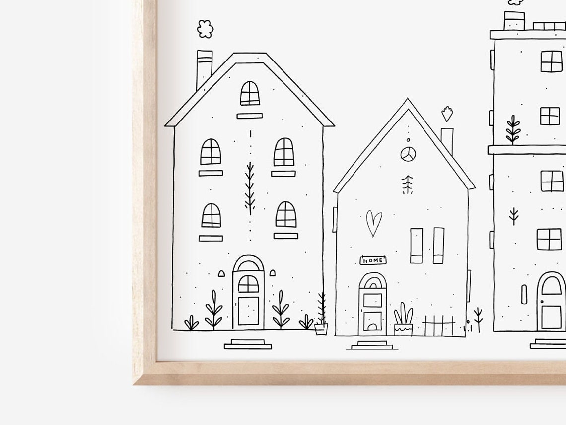 Line Art Village Houses Minimalist Black and White Sketch Poster - Image 3