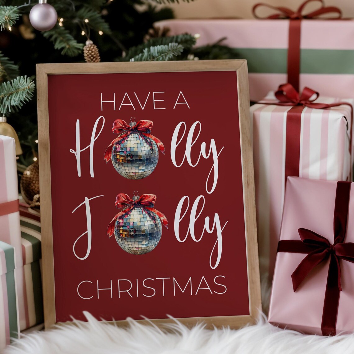 Have A Holly Jolly Christmas Disco Ball Ornament Retro Holiday Poster