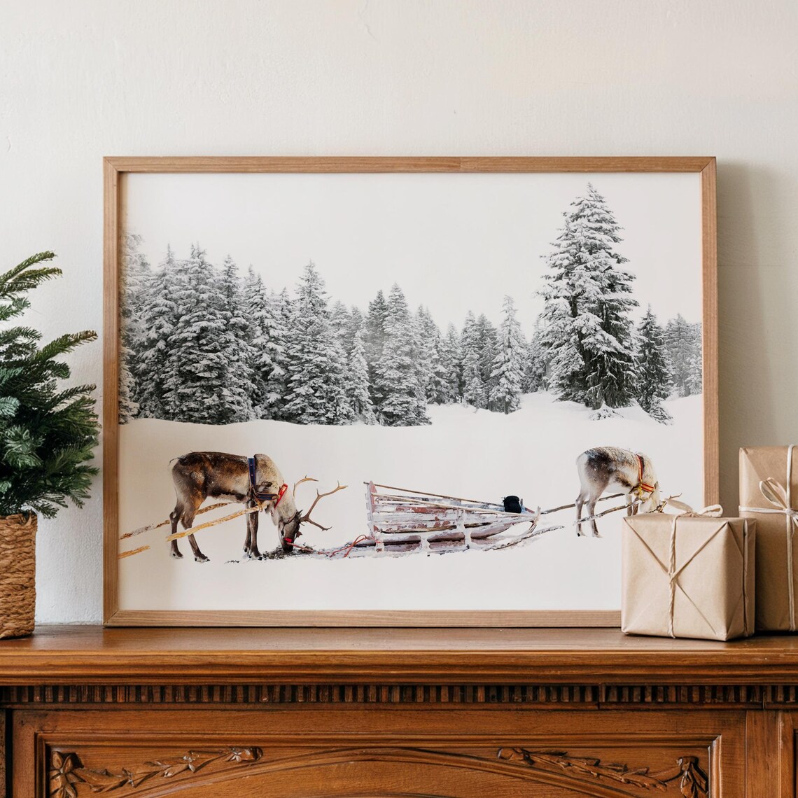 Reindeer Sled Snowy Forest Winter Scene Nordic Photography Print