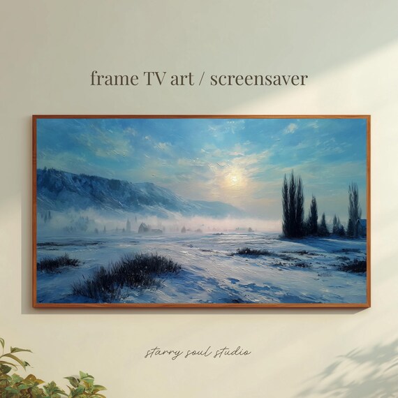Misty Winter Valley Morning Sun Snowy Mountains Oil Painting TV Poster