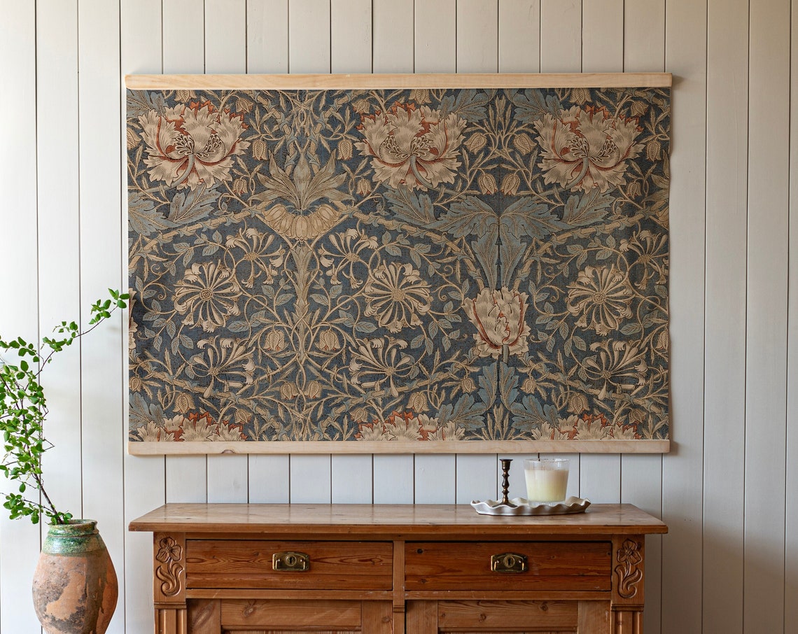 Vintage Blue Honeysuckle Floral Textile Pattern Arts and Crafts Poster - Image 3