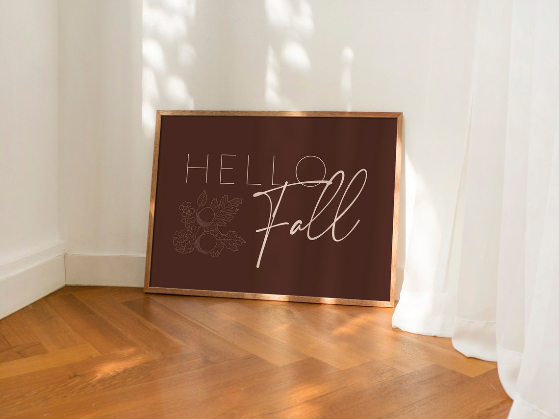 Hello Fall Dark Brown Autumn Leaves Quote Typography Wall Art