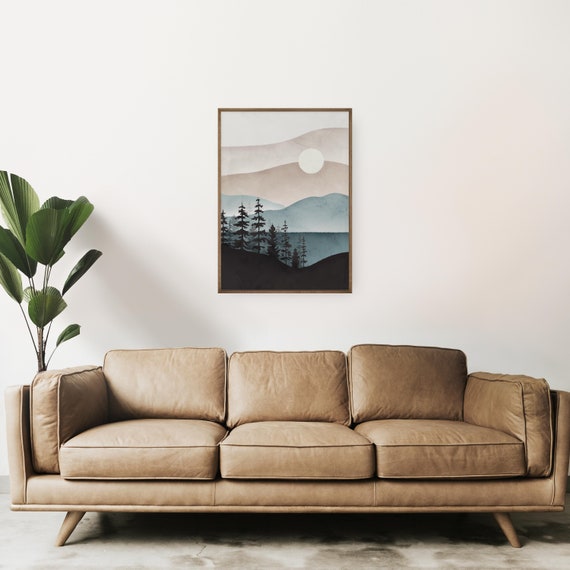 Blue Mountains Watercolor Art Landscape Wall Abstract Print Nature Cabin Decor