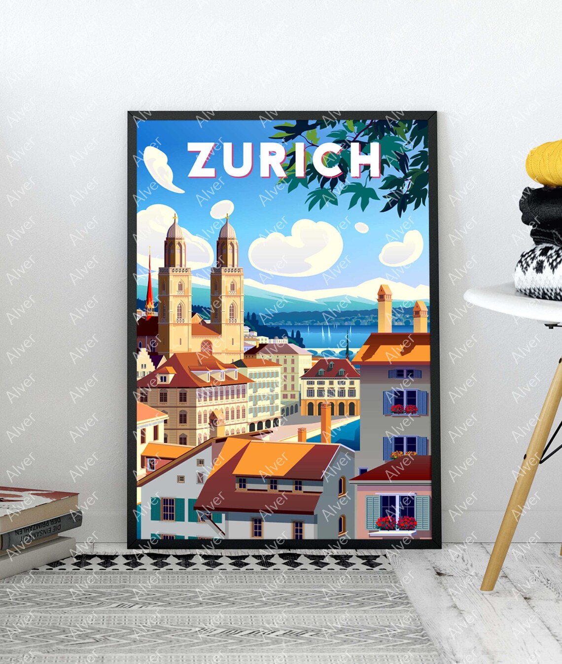 Zurich Switzerland Grossmunster Old Town Lake Alps Travel Poster - Image 3