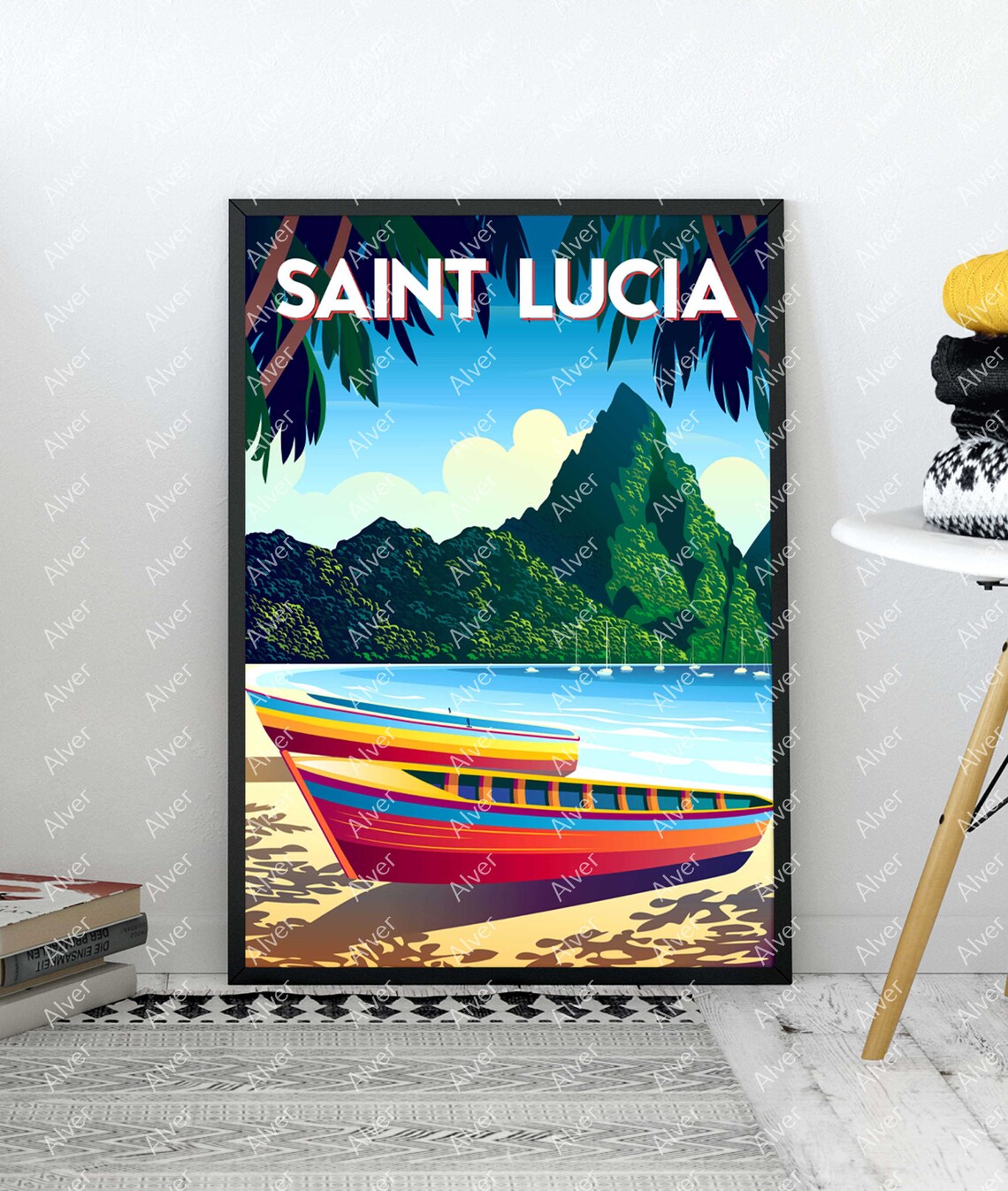 Saint Lucia Caribbean Travel Poster With Wooden Boat and Green Peaks - Image 3