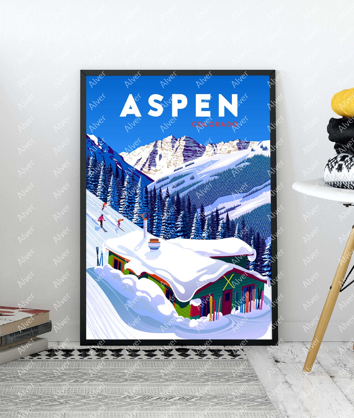 Aspen Colorado Snowy Lodge Skiers Mountain Retro Travel Poster - Image 3