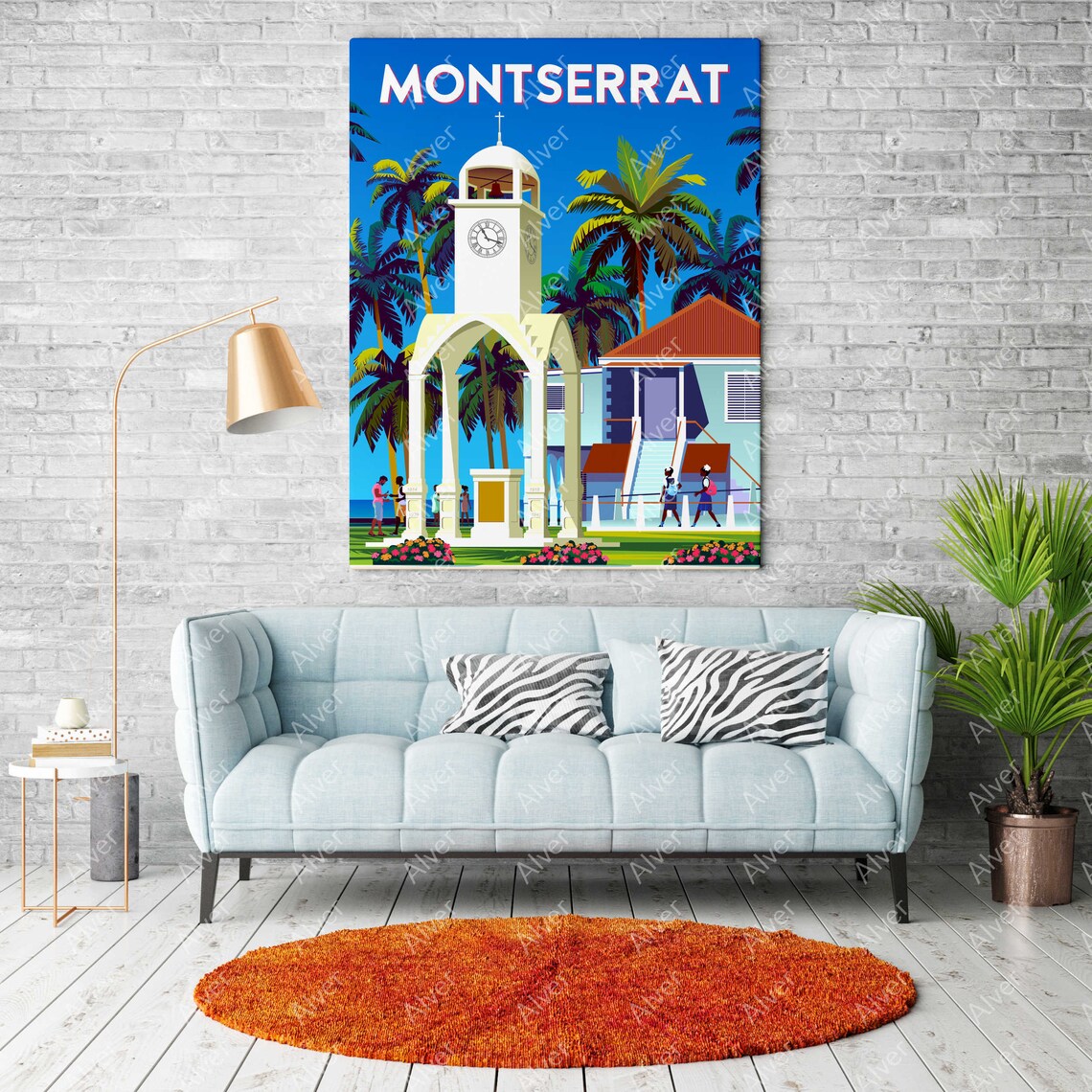 Montserrat Island Caribbean Clock Tower Palms Tropical Travel Poster - Image 2