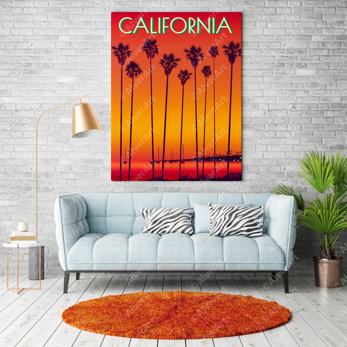 California Sunset Palm Tree Silhouettes Glowing Harbor Scene Poster - Image 2