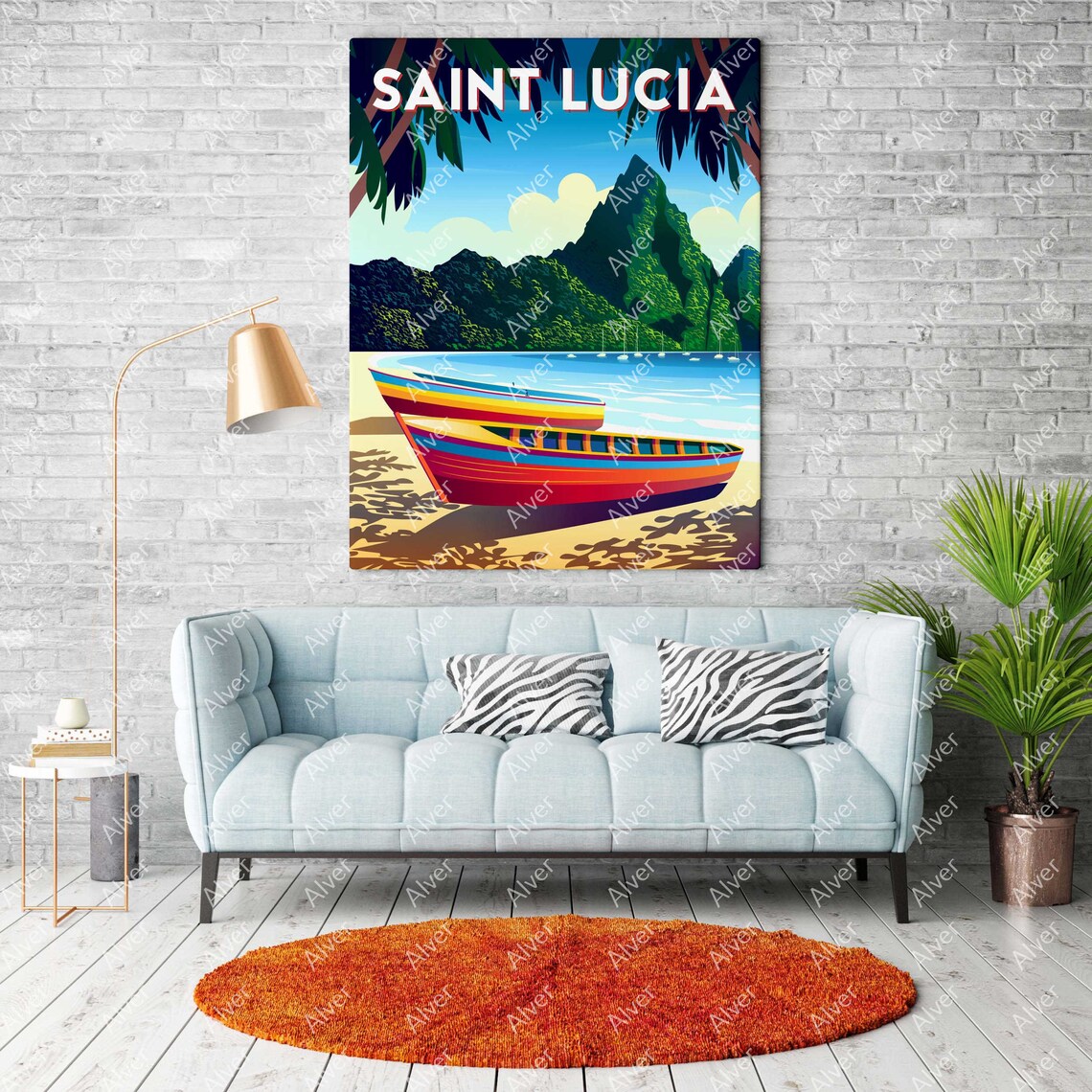 Saint Lucia Caribbean Travel Poster With Wooden Boat and Green Peaks - Image 2