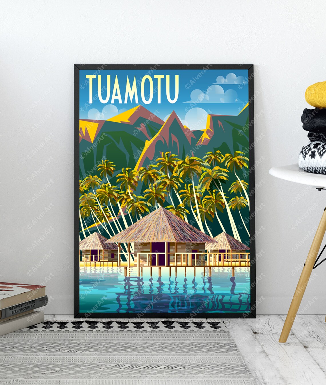 Tuamotu French Polynesia Overwater Bungalows Mountains Poster - Image 3