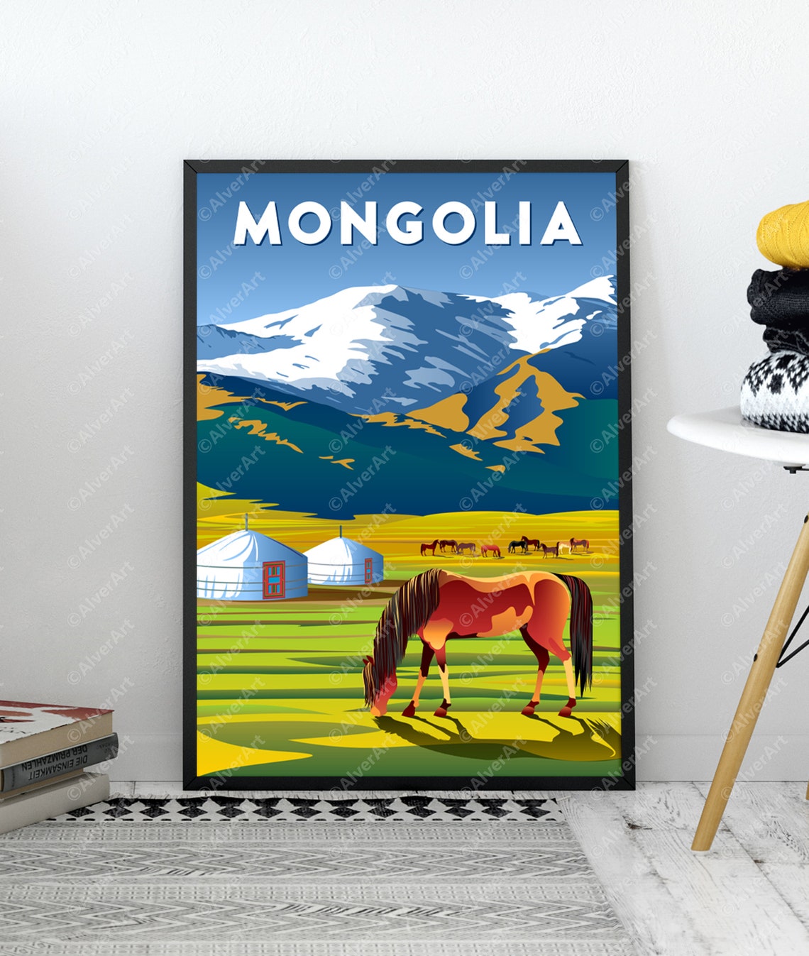 Mongolia Steppe Horse Gers Snowy Mountains Vintage Travel Poster - Image 3
