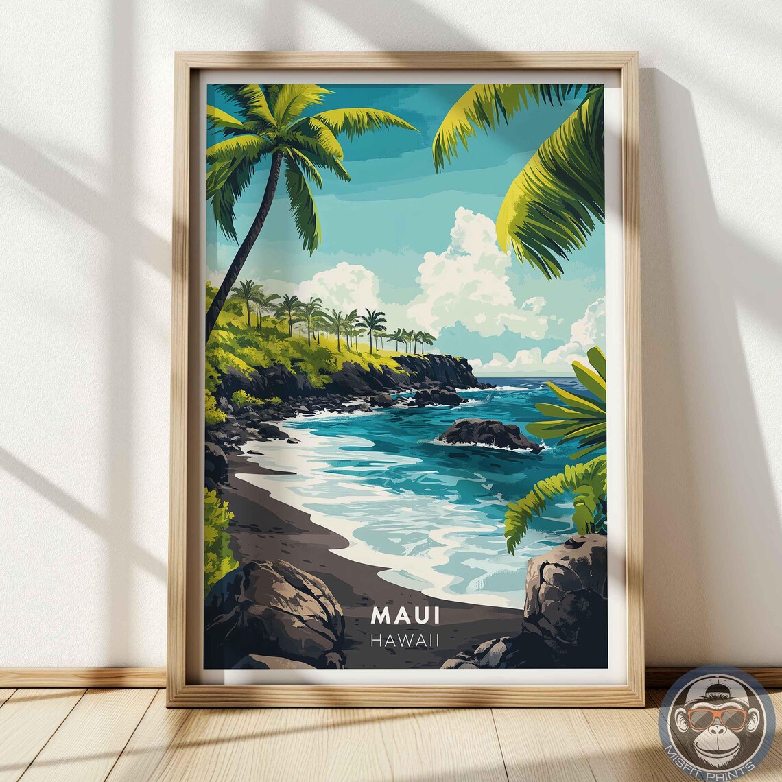 Maui Hawaii Tropical Black Sand Beach Palm Trees Vintage Travel Poster