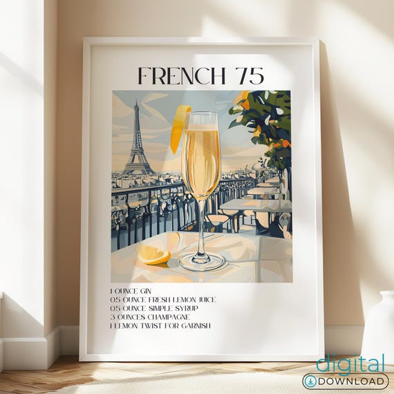 French 75 Cocktail Recipe Poster, Vintage Bar Decor