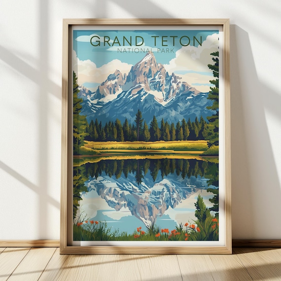Grand Teton National Park Mirror Lake Reflection Vintage Travel Poster