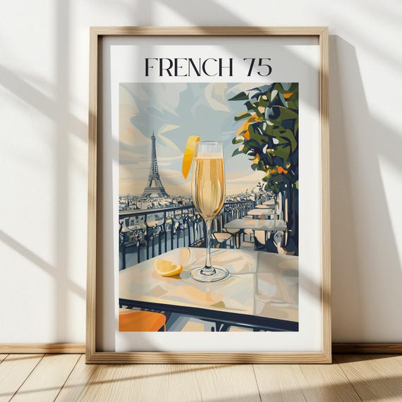 French 75 Champagne Flute Paris Eiffel Tower Elegant Bar Poster