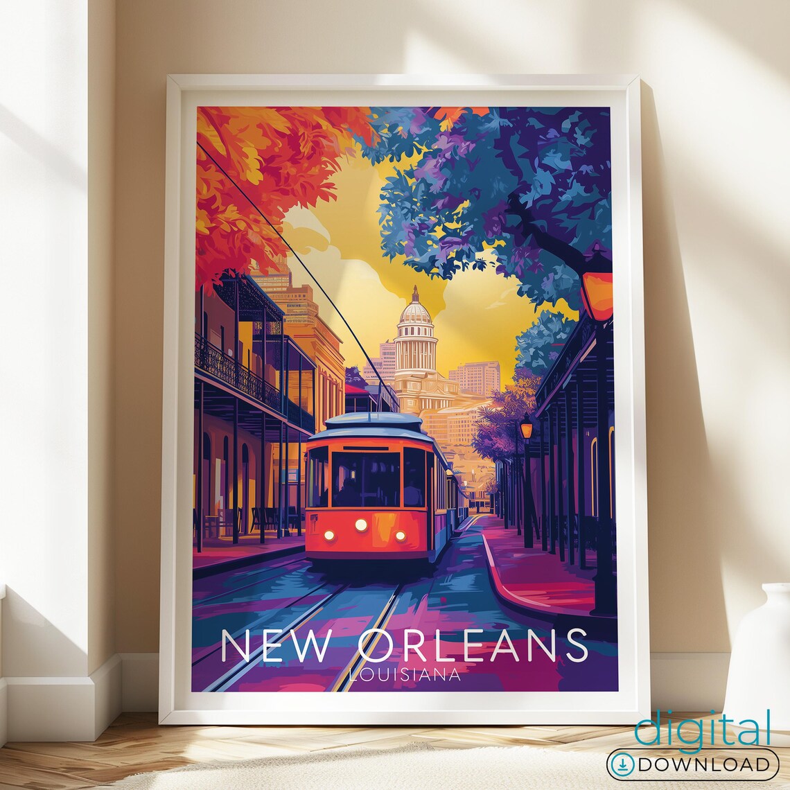 New Orleans Louisiana Streetcar Balcony Sunset City Travel Poster