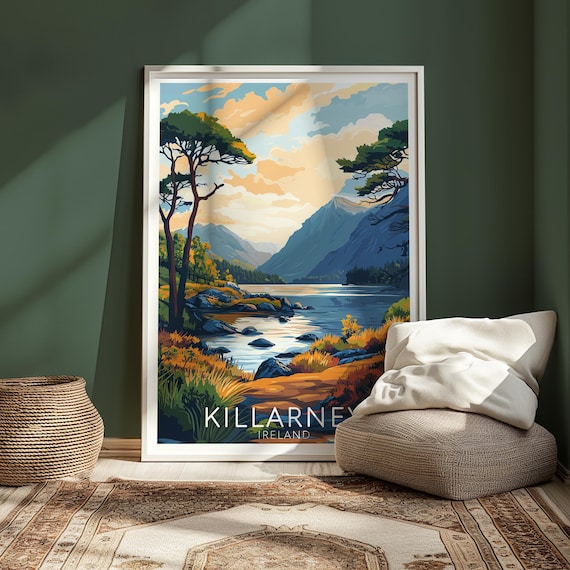 Killarney Ireland Lake Mountains Golden Sunset Vintage Travel Poster