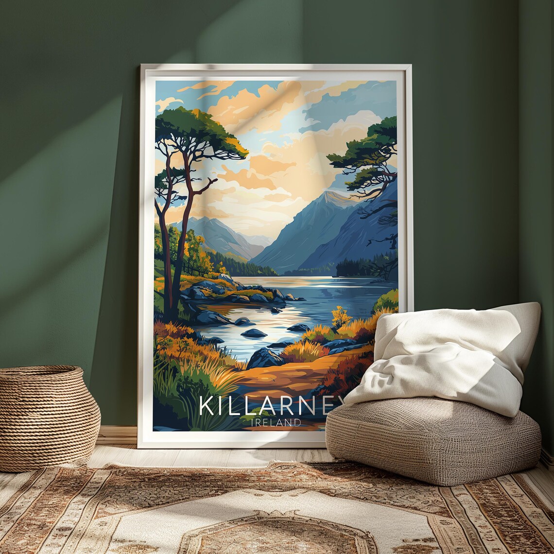 Killarney Ireland Lake Mountains Golden Sunset Vintage Travel Poster