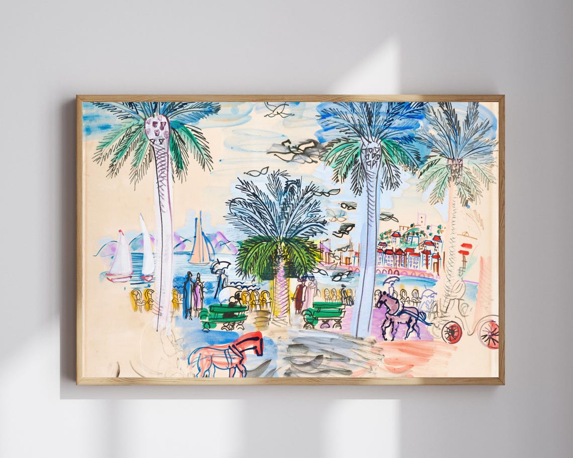 Colorful Fauvist Seaside Promenade Palm Trees Naive Style Poster