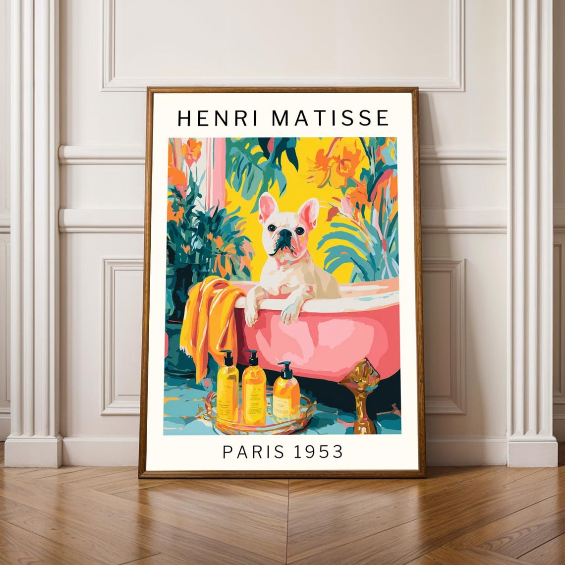 Matisse Style French Bulldog Soaking in a Pink Bathtub Poster