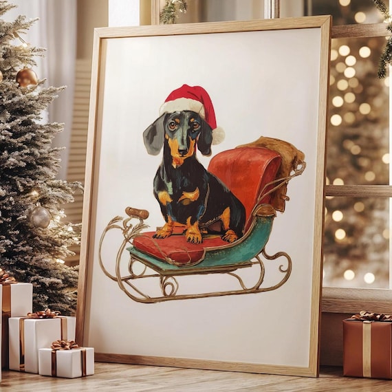 Dachshund in Santa Hat Riding a Festive Christmas Sleigh Poster