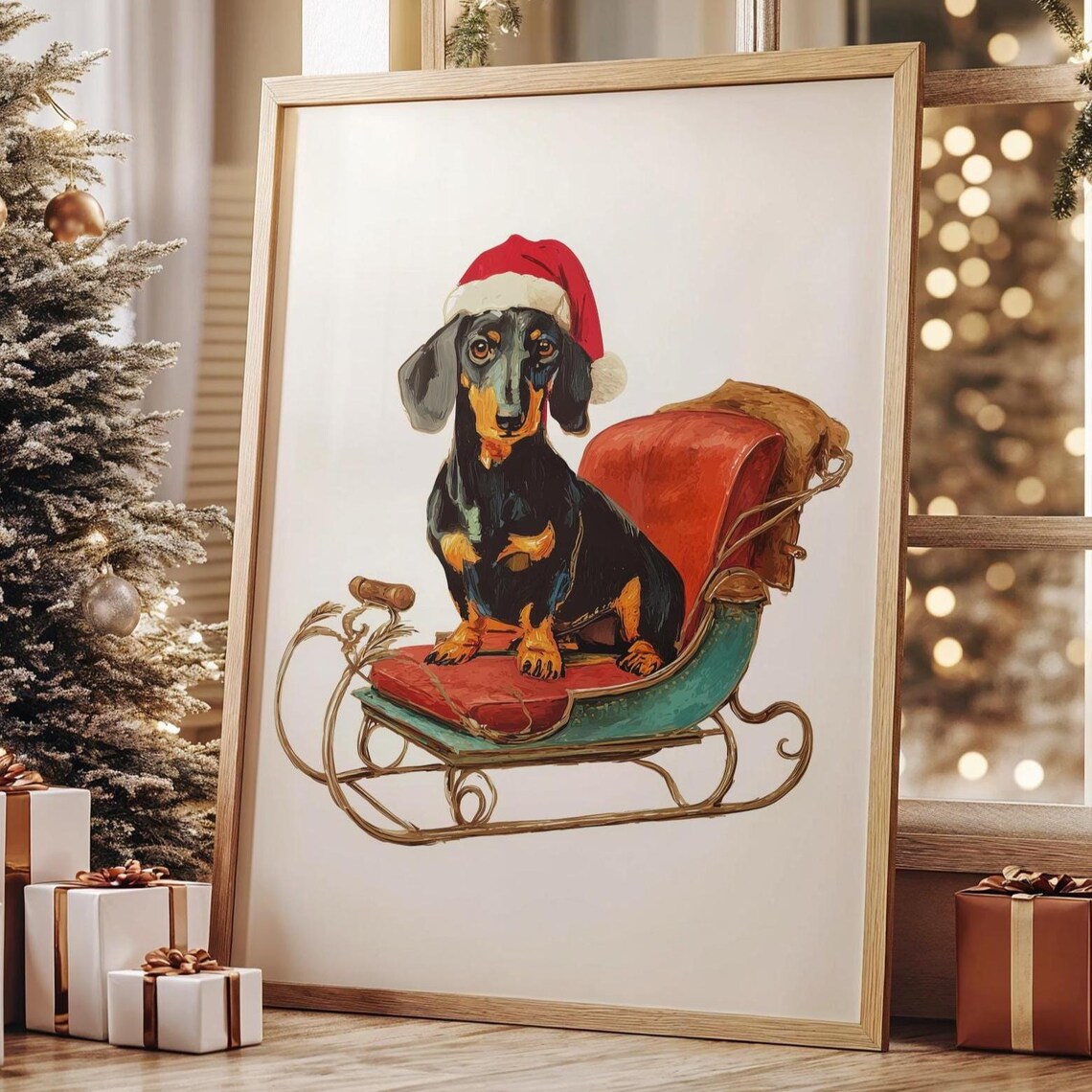 Dachshund in Santa Hat Riding a Festive Christmas Sleigh Poster