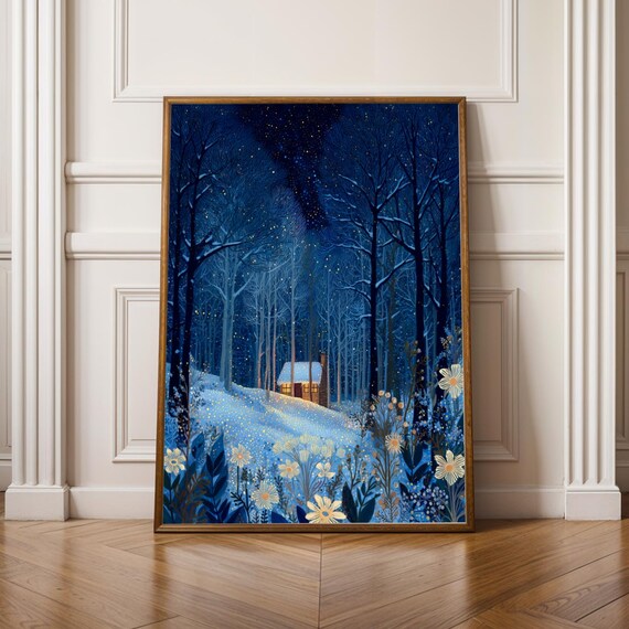 Snowy Night Cabin with Glowing Daisies Blue Forest Christmas Poster