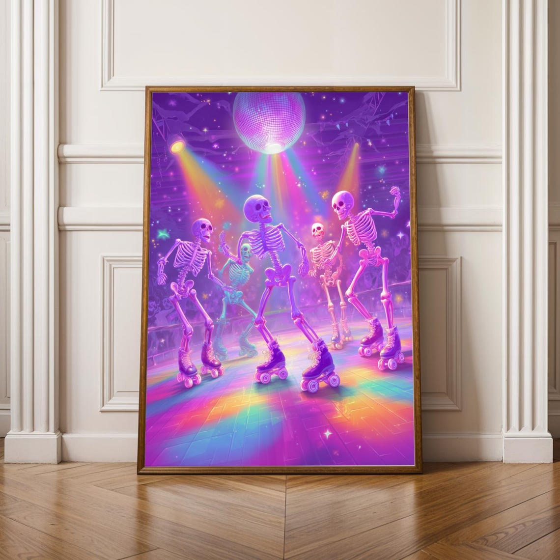 Halloween Roller Skating Poster Neon Skeleton Art Print Retro Disco Wall Decor Purple Pink Blue Surreal Dance Physical