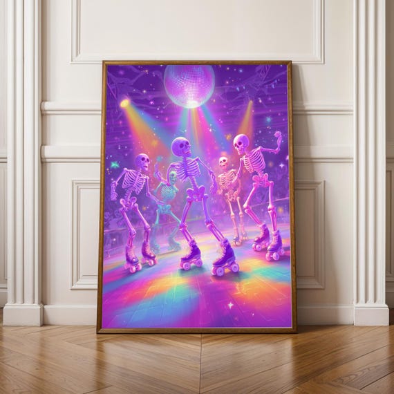 Halloween Roller Skating Poster Neon Skeleton Art Print Retro Disco Wall Decor Purple Pink Blue Surreal Dance Physical
