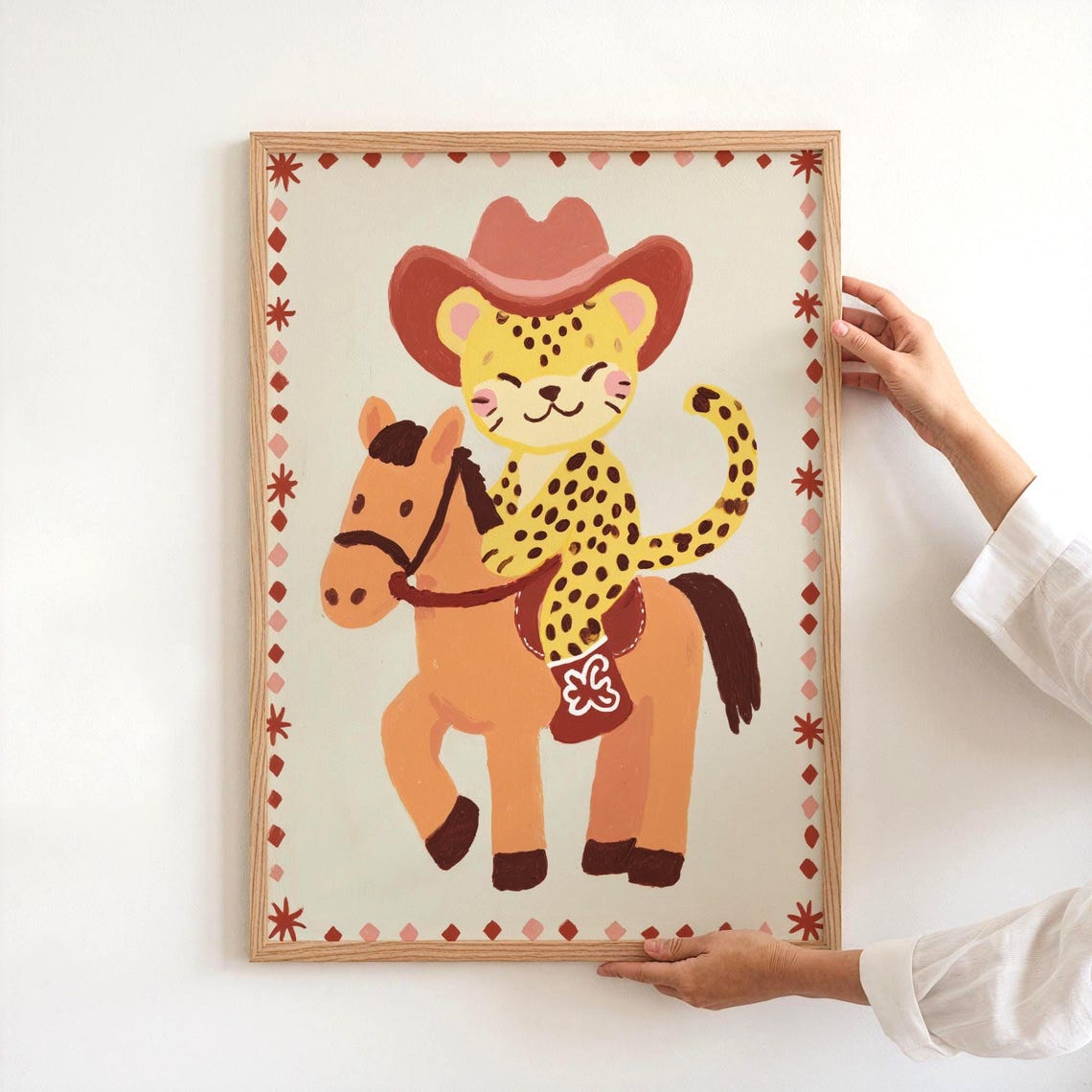Cute Cowboy Cheetah Riding Brown Horse Western Nursery Poster